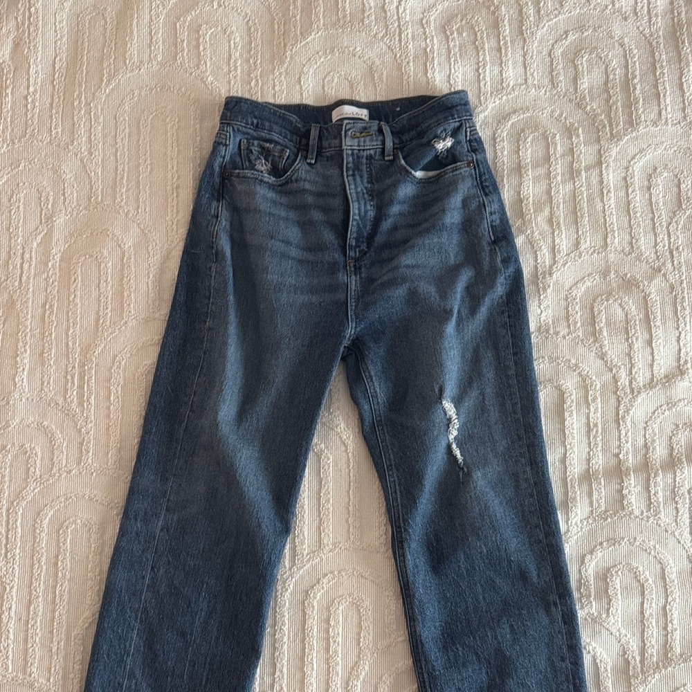 LOFT Women's Dark Blue Straight Leg Jeans with Light Distressing